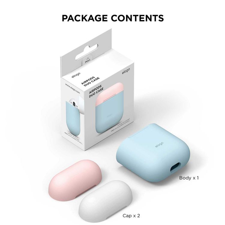 Elago Duo Case for Airpods, 3-in-1 Pastel Color, High Quality Silicone, Shock Resistant, Scratch Resistant, Supports Wireless Charging - Body-Pastel Blue / Top-Pink,White
