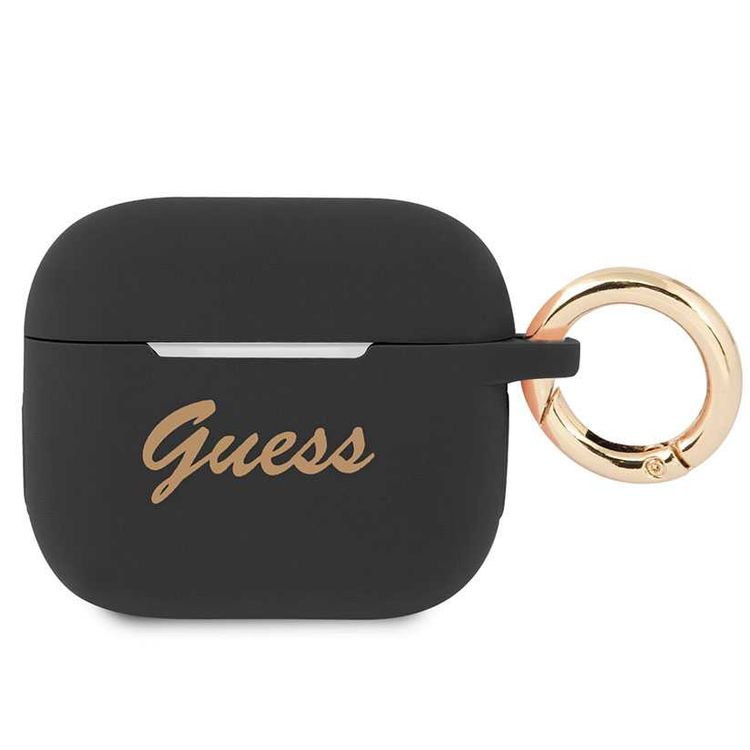 CG MOBILE Guess Silicone Printed Script Case with Anti-Lost Ring Compatible for AirPods 3, Scratch & Drop Resistant, Shock Absorption & Dustproof Protection - Black