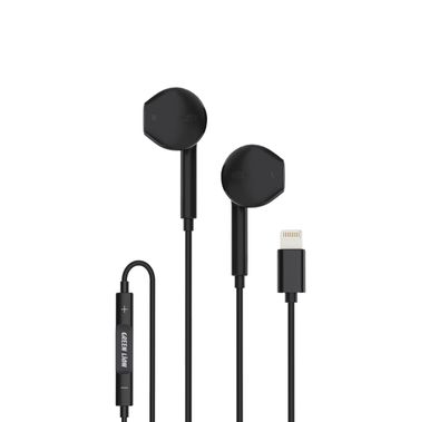 Green Lion Wired Stereo Earphones with Lightning Connector, Stereo Sound, Control Buttons, 1.2m Cable Length, TPE & Copper Wire Material, 14.2mm Speaker Size - Black
