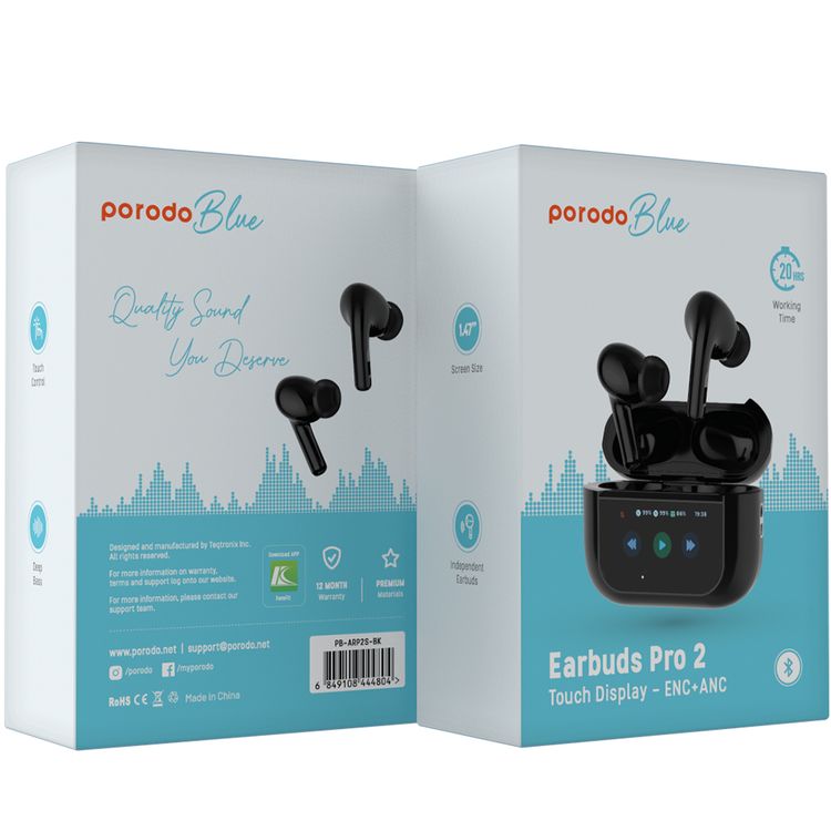 Porodo Blue AirPods Pro2 with Screen, Deep Bass, Touch Control, Camera Shutter, Music Playback, Call Management, 20 Hours Working Time, 1.47 inches Screen Size - Black