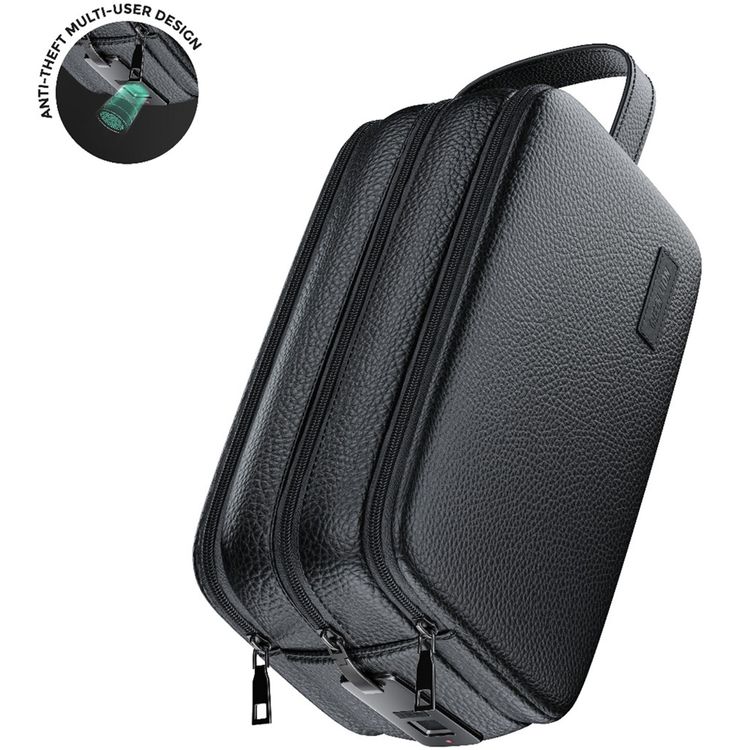 Green Lion Lyon Plus Fingerprint Bag with Leather Strip & LED Indicator, 120mAh Battery Capacity, 10 Fingerprint Capacity, Water Resistant, 6 Months Standby Time, Multiple Pockets, Capacitive Sensor, Durable Zippers - Black