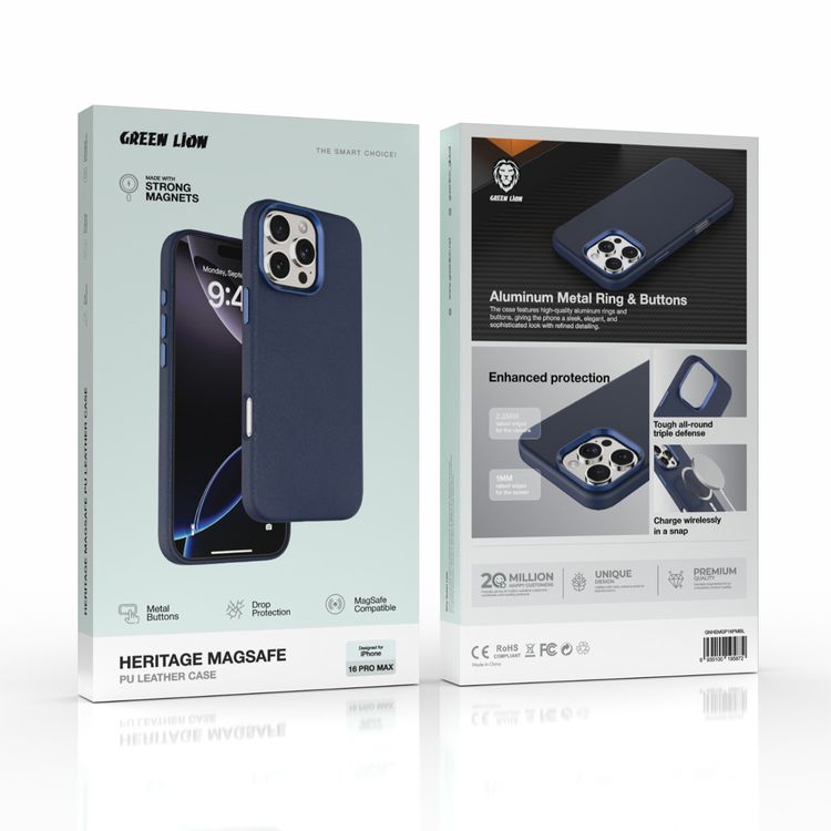 Green Lion Heritage Magsafe Leather case For iPhone 16 Pro Max, Camera Protection, Metal Buttons, Anti Scratch - Blue