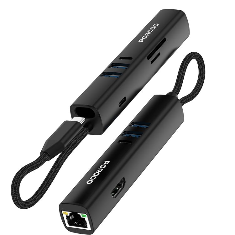 Porodo 8-in-1 Multi-Port USB Hub, 100W Power Delivery, Compatible with Windows, macOS, ChromeOS, Nintendo Switch, Fast Data Transfer, Aluminum Alloy Material, Plug & Play Operation - Black