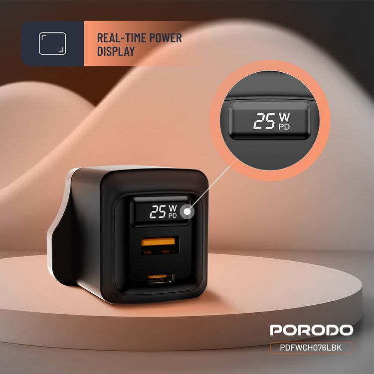 Porodo GaN Wall Charger with USB-C to Lightning Cable, 1m Cable Length, USB-A & USB-C Ports, 25W Power Delivery, Built-in Safeguards, Fast Charge Support, Multiple Device Charging, Digital Display - Black