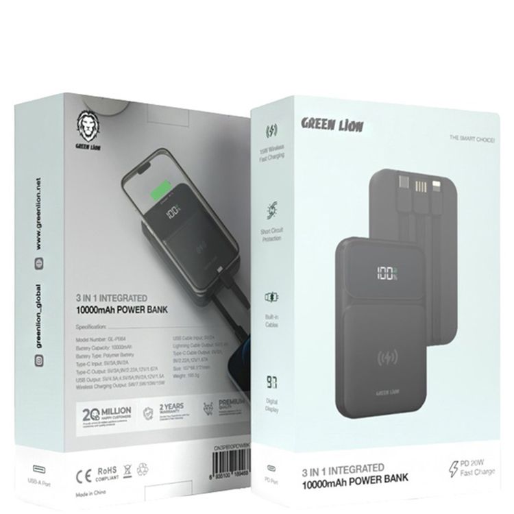 Green Lion 3-in-1 Integrated 10000mAh Power Bank with 15W Wireless Fast Charging, Short Circuit Protection, Digital Display, Polymer Battery, 20W PD, Built-in Cables - Black