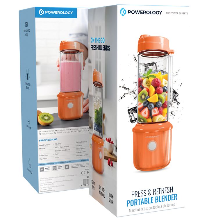 Powerology Press & Refresh Portable Blender with 450mL Capacity, 126W Motor Power, Sharp Steel Blades, Leakproof, BPA-Free Material, 16500RPM Motor Speed - Orange