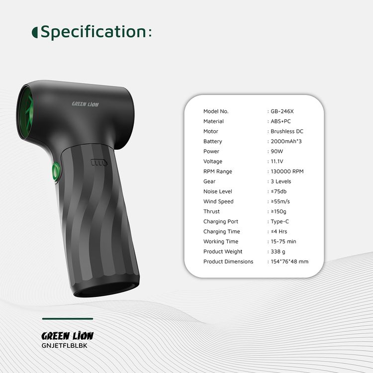 Green Lion Jetflow Air Blower with ABS & PC Material, 3× 2000mAh Battery Capacity, 3-Level Gear, Type-C Charging Port, 4 Hours Charging Time, 15-75 Minutes Working Time, LED Battery Indicator - Black
