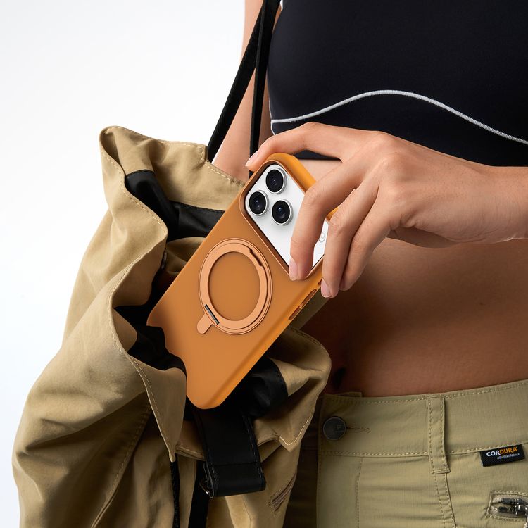 Levelo Iris Pro MagSafe Liquid Silicone Case with Built-in 360° Kickstand for iPhone 17 Pro, Metal Accents, Shock-Resistant Bumper, Aluminum Alloy Frame for Camera & Buttons, Drop-Tested, Strong Magnets, Premium Silicone Grip - Orange