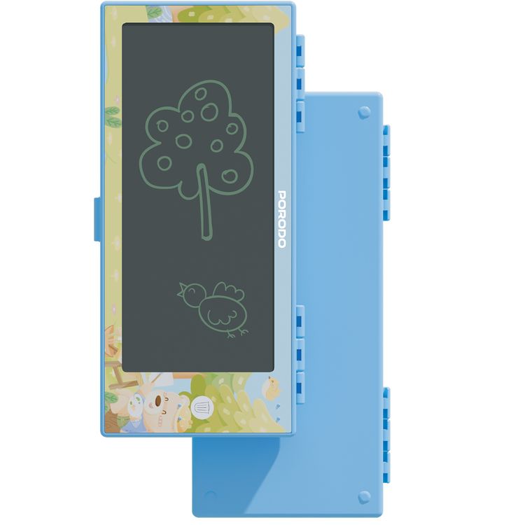 Porodo 2-in-1 Kids 7" LCD Writing Tablet with Pencil Case, One-Key Screen Lock, Battery Case, Erasing Button - Blue