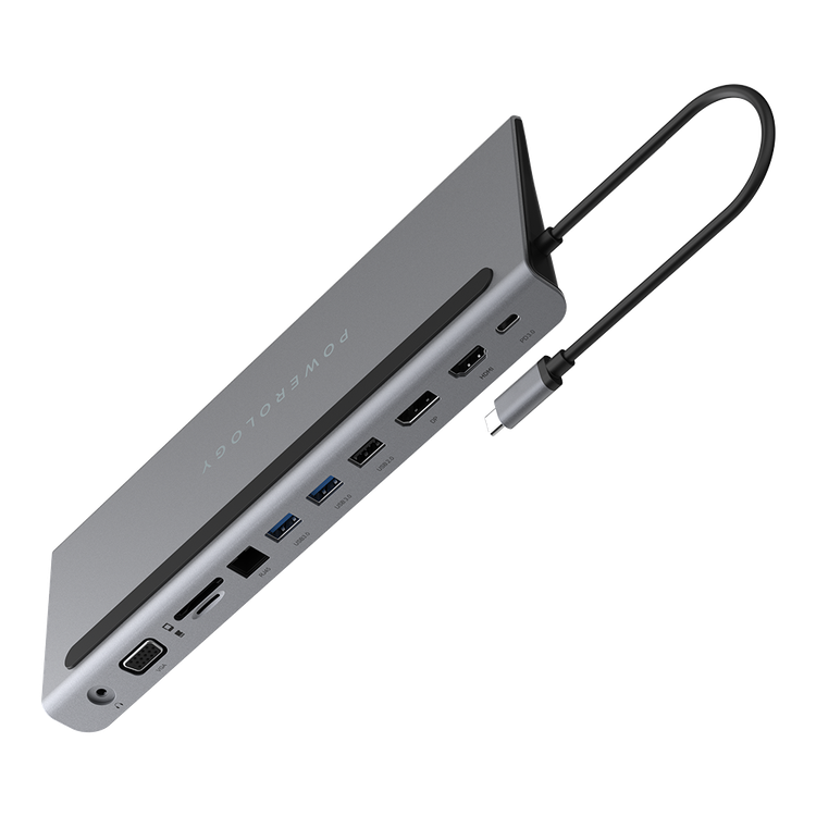 Powerology USB-C Hub 11 in 1 Multi-Port Adapter with Laptop Stand 100W PD Fast Charge, Aluminum Body with HDMI 4K Ultra HD, 3.5mm Aux Port Compatible for MacBook Pro/Air - Grey