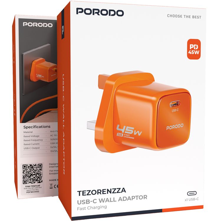 Porodo Tezorenzza USB-C Wall Adapter, Anti-Flame PC Material, GaN Technology, Fast Charge Support, 45W Power Delivery, Universal Compatibility, AC 110-240V Rated Voltage - Orange