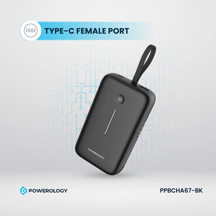 Powerology 20000mAh Power Bank with Detachable USB-C Wire, 30W Power Delivery, 3-Device Charging, Long Time Standby, Universal Phone Compatibility, Built-in Safeguards - Black