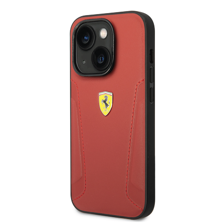Ferrari Leather Case With Hot Stamped Sides & Yellow Shield Logo - iPhone 14 - Red