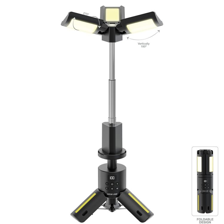 Green Lion Trio Beam Tripod Camping Light with Digital Display, Up to 80 Hours Working Time, White, Golden, 7-Color RGB Light Modes, 5-Level Brightness, Memory Function, Reflective Strips - Black