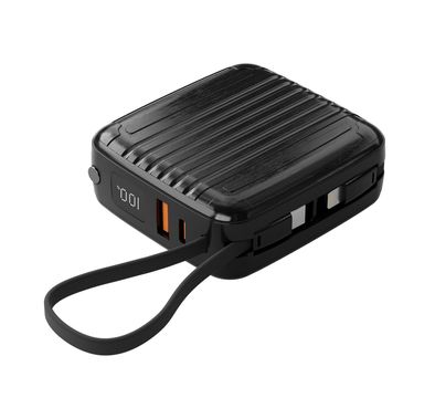 باور بانك بورودو ماج سيف 10000 مللي أمبير في الساعة، كابلات Type-C وLightning مدمجة، شاشة رقمية، مخرج لاسلكي 15 وات، محمول، PD 20 وات، QC 22 وات - أسود   