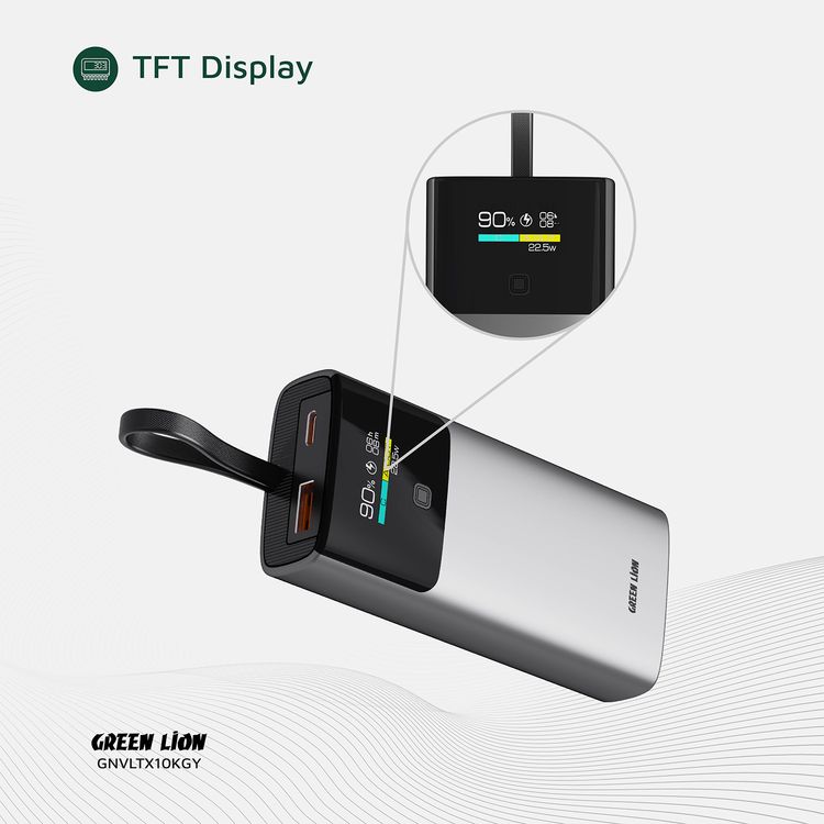 بنك طاقة جرين ليون فولتكس بسعة 10000 مللي أمبير مع شاشة TFT، تصميم رائع، حزام كابل Type-C، شحن سريع، تصميم خفيف الوزن، إجمالي قوة 22.5 واط - رمادي