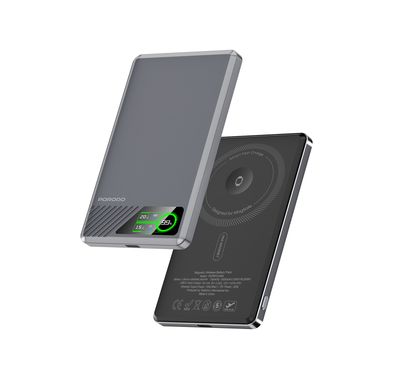 Porodo SlimMag 5000mAh Magnetic Power Bank with Real-Time Power Display, N54 Magnet Type, Aluminum Alloy Material, 2.5W Watch Output, Qi2 Wireless Charger, MagSage Compatibility - Gray