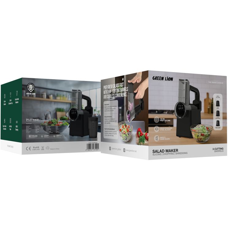 صانع السلطة جرين ليون مع تقطيع، وفرم، وتمزيق، بمواد آمنة للطعام، قاعدة غير قابلة للانزلاق، شحن USB-C، وقت تشغيل يصل إلى 60 دقيقة، سهل التنظيف والتركيب، حامي اليد للسلامة، 250 دورة في الدقيقة.