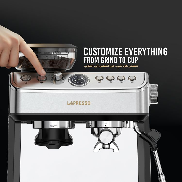 LePresso Dual Boiler Espresso Machine with Conical Grinder & Steamer Functions, 2.8L Water Tank Capacity, 2300W Heating Power, Hot Water Dispenser - Silver