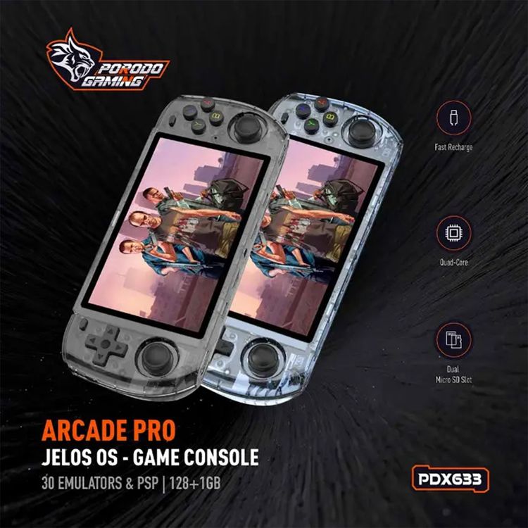 Porodo Gaming Arcade Pro Game Console, with More than 20,000 Games Installed, Up to 8 Hours of Playtime, 4000mAh Battery Capacity, 1280 × 720-pixel Resolution - Black
