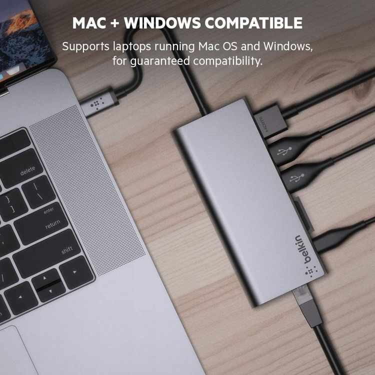 بيلكين  موزع يو اس بي سي للوسائط المتعددة (60 واط) مع قارئ بطاقات إيثرنت يو اس بي ا يو اس بي سيHDMI ، محور يو اس بي سي متعدد المنافذ مع 5 جيجابت في الثانية متوافق مع ماك بوك برو  13بوصة M1 (2020) ، ماك بوك اير 13بوصة M1 (2020) ، ماك ميني M1 (2020) - رمادي