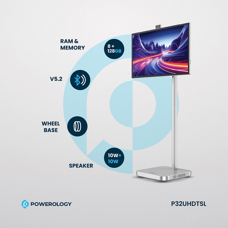 Powerology 32" Google 4K Screen with 4K Camera, 8GB RAM, 128GB Memory, 9800mAh Battery, 16.7M Colors, Android 13, 4 Hours Working Time, Dual 10W Speakers, 2.5 Hours Charging Time - Silver