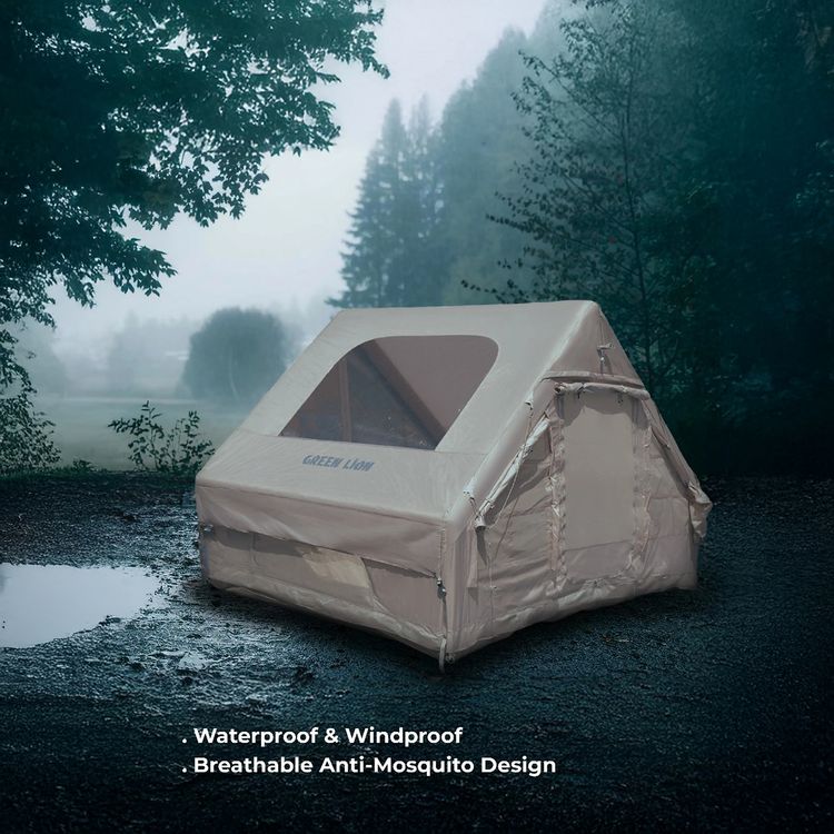 Green Lion GT-4X Inflatable Camping Tent, Breathable Anti-Mosquito Design, 3-4 Persons Capacity, Storage Pockets, Ventilated Windows- Beige