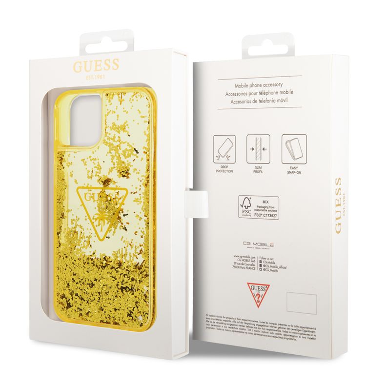 Guess Liquid Glitter Case With Translucent Triangle Logo - iPhone 14 Plus - Yellow