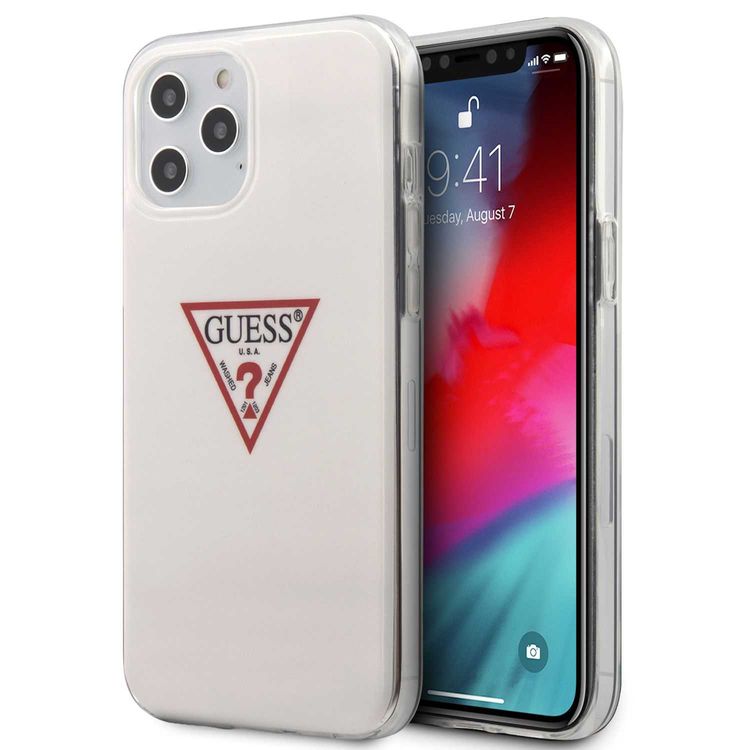 CG Mobile Guess PC/TPU Triangle Logo Hard Case, Easy Access to All Ports, Anti-Scratch, Shock-Absorption & Drop Protection Back Cover Compatible for iPhone 12 / 12 Pro ( 6.1" ) - White