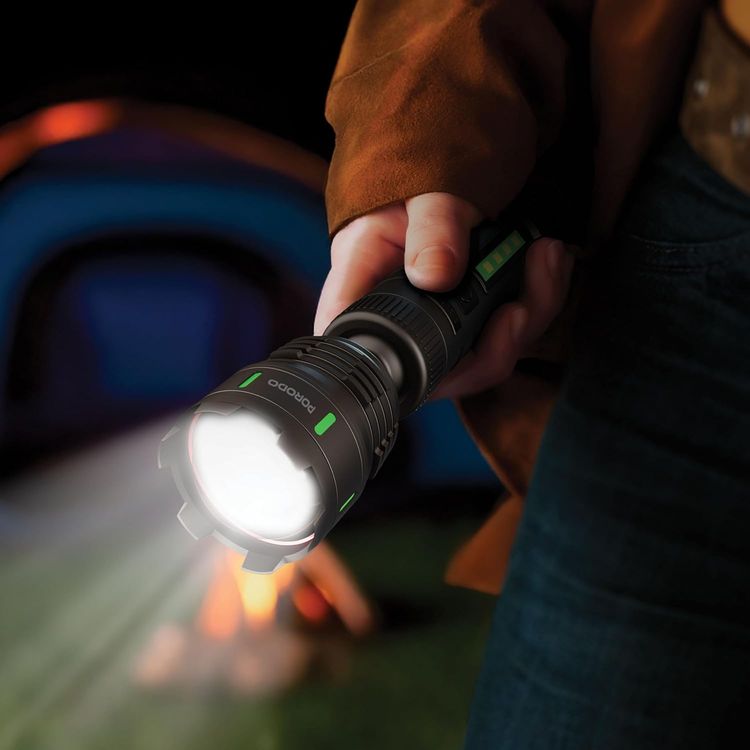 Porodo Lifestyle Orbit Multi-Color Laser Torch with 5000mAh Power Bank Function, 4 Light Modes, 8 Hours Main Light & 20 Hours Side Light Battery Life, 200m Beam Distance, 38-300 Lumens Brightness Range, Multi-Purpose Side Light, 360° Rotation, Zoom Focus - Black