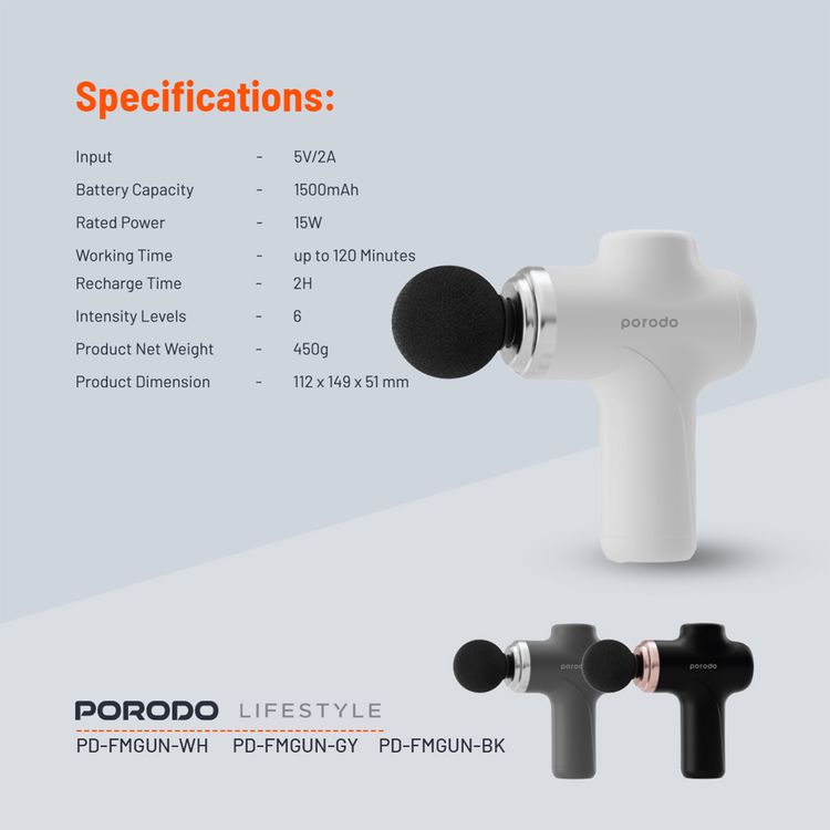 Porodo Lifestyle Precision Handheld Massager with 4 Interchangeable Heads, Up to 120 Minutes Working Time, 2 Hours Charging Time, Type-C Charging Port, 1500 mAh Battery Capacity, 15 W Rated Power, 6 Intensity Levels - White