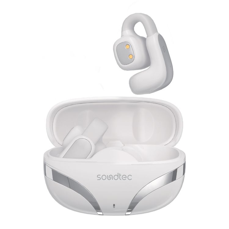 Porodo Soundtec FlexFit Open-Ear Wireless Earbuds with Clip-On Design, Up to 1 Hour Charging Time, 5.5 Hours Play Time, 3.5 Hours Talk Time, Bluetooth Version 5.4, 10m Transmission Range, Ergonomic Fit, Touch Control - White