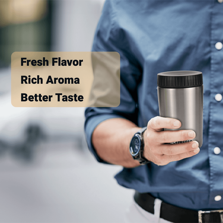 LePresso Portable Burr Mini Grinder and Coffee Maker with Type-C Charging Port, Adjustable Grind Size, Drip Filter, Travel Mug, 250mL Mug Capacity, 18g Coffee Bean Capacity, 1600mAh Battery - Silver