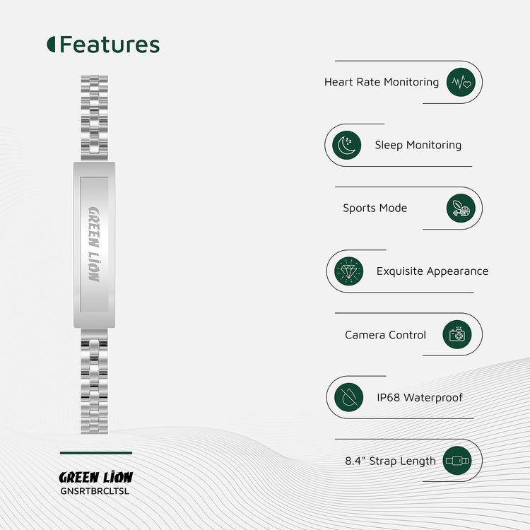 Green Lion Smart Bracelet Zinc Alloy Case with Heart Rate & Sleep Monitoring, Camera Control, 5 Days Working Time, Waterproof, 16mAh Battery Capacity, Bluetooth 5.1 - Silver