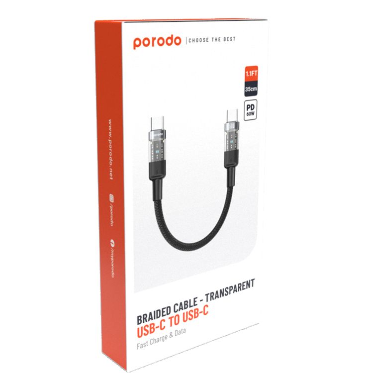 Porodo Braided USB-C to USB-C Cable with Transparent Heads, 60W Power Delivery, 480Mbps Transfer Speed, Fast Charge & Data Sync, Tangle-Free Design, 35cm Cable Length, High-Grade Components - Black
