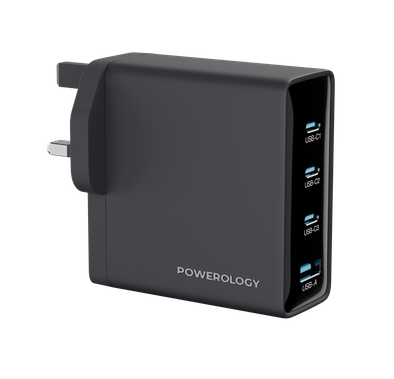 Powerology Volt-X 140W Multi-Port GaN Adapter with Ultra-Fast Charging, Heat Resistant Housing, Multi-Device Charging, GaN Efficiency, ×3 USB-C Ports, ×1 USB-A Port, QC 18W, UK 3-Pin Plug - Black