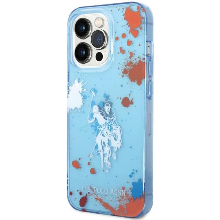 USPA PC/TPU Case with Splatter Pattern & Horse Logo iPhone 14 Pro Max Compatibility - Blue