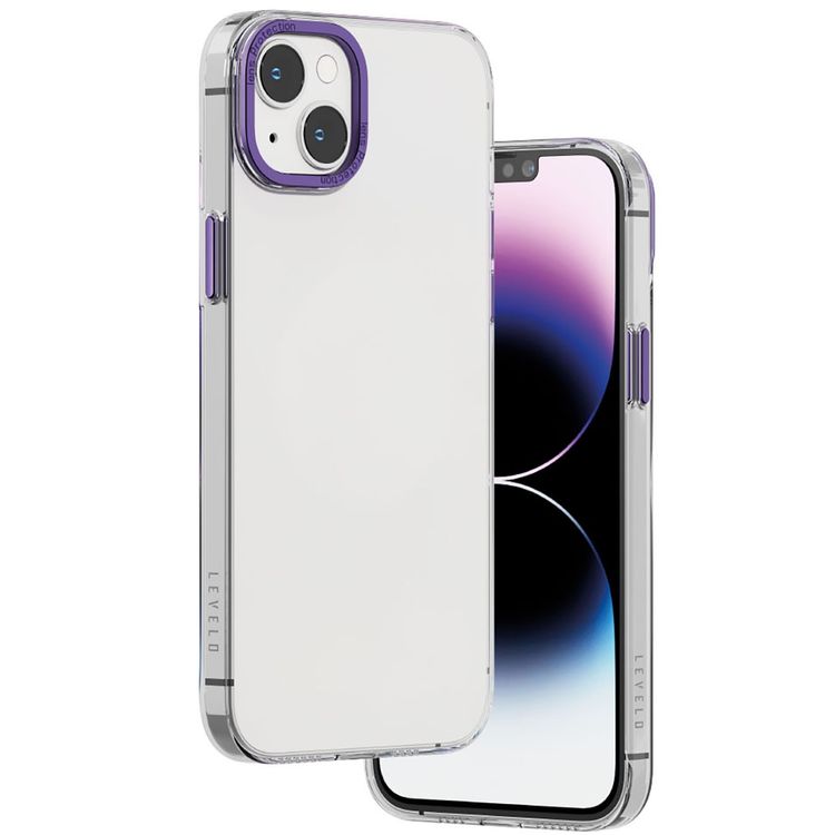 Levelo Sensa Clear Back Case for iPhone 14 Plus, Metal Camera Ring, Shockproof Edges, Highly Transparent, Easy Snap-on - Clear/Purple