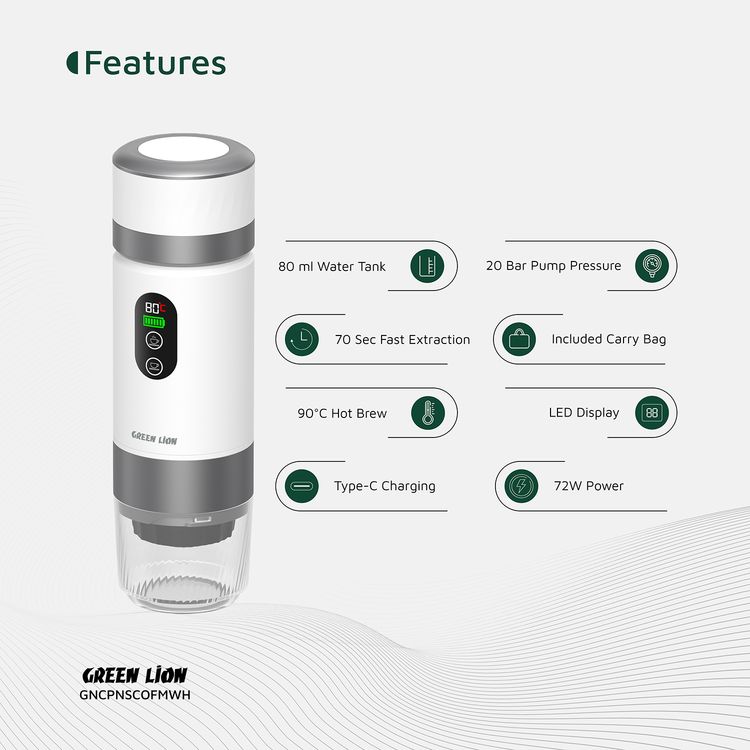 Green Lion Campinas Portable Coffee Maker with 150mL Coffee Cup Capacity, 20 Bar Pump Pressure, 70 Seconds Fast Extraction Time, Carrying Bag Included, 90°C Heating Temperature - White