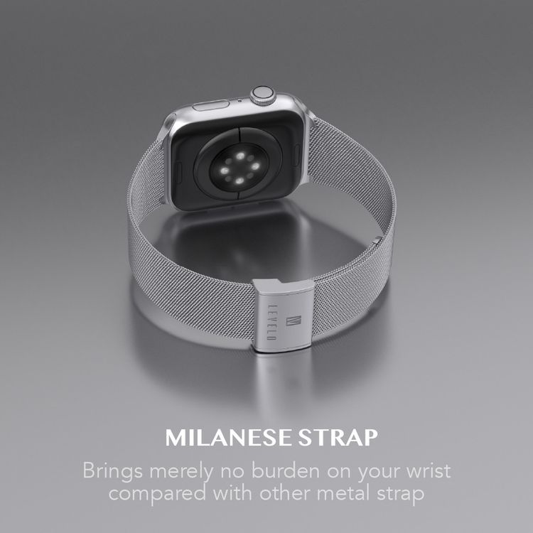 Levelo Double Milanese Watch Strap for Apple Watch 38/40/41mm, Stainless Steel Material, Double-lock Folding Buckle, Adjustable Strap, Easy Installation - Silver