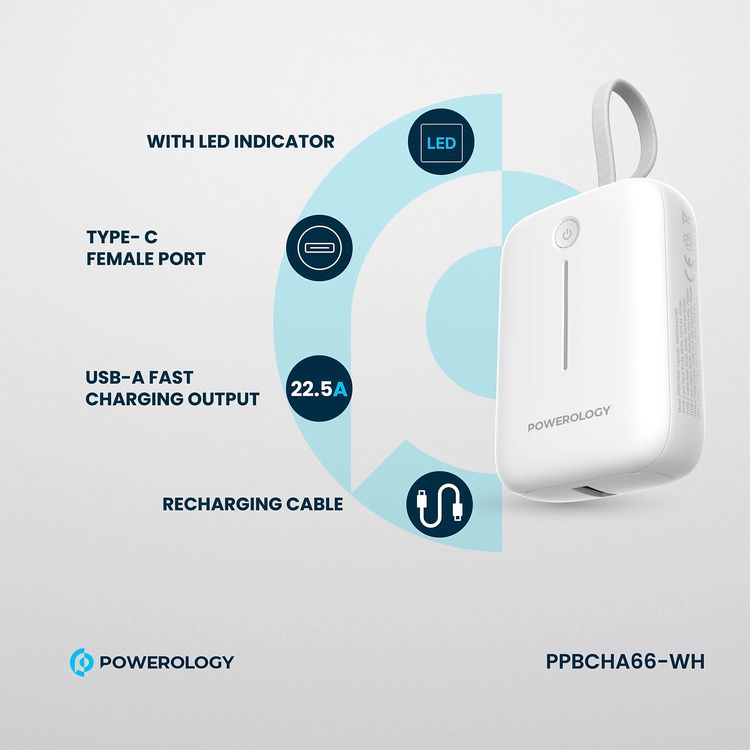 Powerology 10000mAh Power Bank with Detachable USB-C Wire, 20W Power Delivery, 3-Device Charging, Long Time Standby, Universal Phone Compatibility, Built-in Safeguards - White
