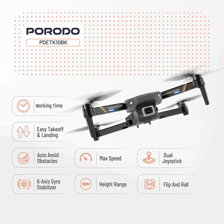 Porodo Aero View Drone with 120m Operational Distance, 360° Flip and Roll, Easy Takeoff & Landing, Up to 12 Minutes Flight Time, 10Km/h Max Speed, 120 Minutes Charging Time - Black 