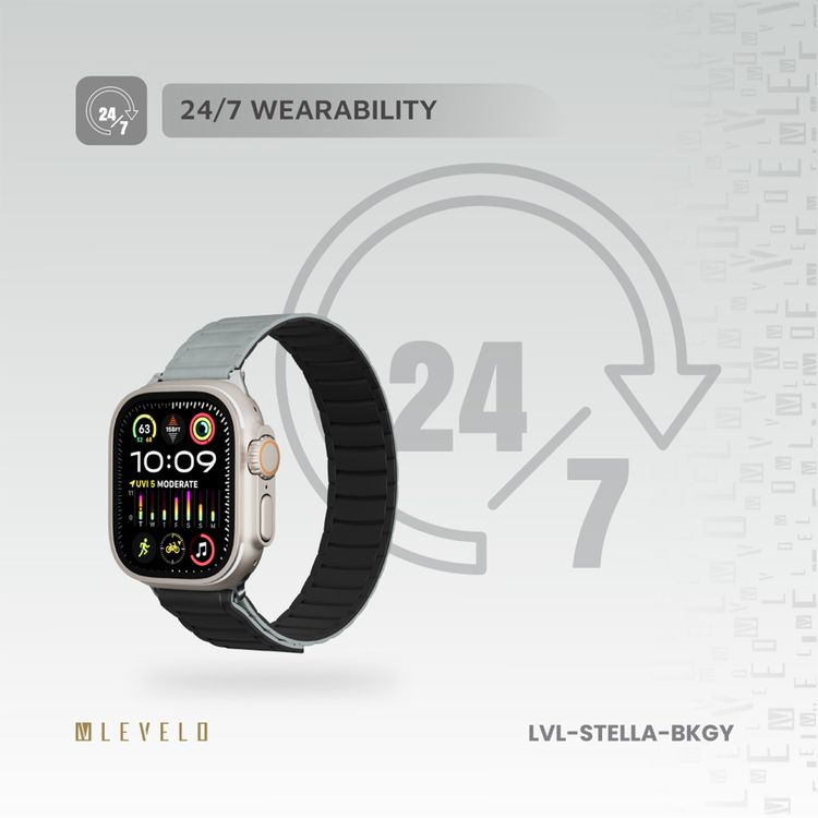 شريط ساعة Levelo Stella سيليكون مع مغناطيس، متوافق مع الساعات الذكية 49/46 ملم و Apple Watch SE، السلسلة 9، 8، 7، 6، 5، قابل للارتداء بلونين، مصنوع من مادة مضادة للحساسية، سهل التركيب، مقاوم للعرق، مقاوم للماء - أسود / رمادي.