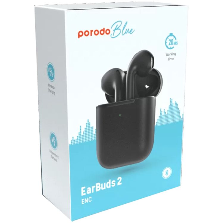 Porodo Blue Deep Bass Wireless Earbuds 2, One-Step Pairing, Comfortable Fit, Independent Earbuds, Touch Control, Deep Bass - Black