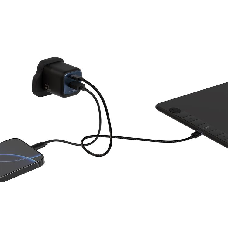 Levelo Vero GaN  Double Port Adapter with Type-C to Type-C Cable, PD 20W, Type-C + USB-A Ports, 20W Max Output, Fast Charging, Over Charge Protection - Black / Blue