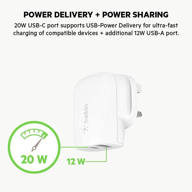 USB C Charger Belkin WCB004myWH Boost Charge PD 18W USB-C + 12W USB-A - White
