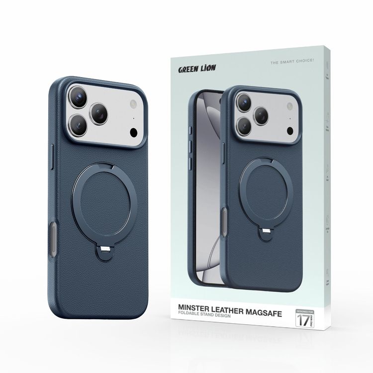 Green Lion Minster Leather MagSafe Case with Foldable Stand Design for iPhone 17 Pro Max, Anti-Fingerprint, 360° Rotatable Stand, Anti-Scratch, Camera Protection, Comfortable Grip - Blue