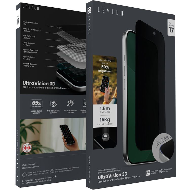 Levelo Ultra Vision 3D Privacy Screen Protector for iPhone 17, 9H Hardness, Oleophobic Coating, Anti-Glare, Anti-Fingerprint, Anti-Reflective Coating, High-Definition PET Layer, Impact-Resistant Silicone Layer - Black
