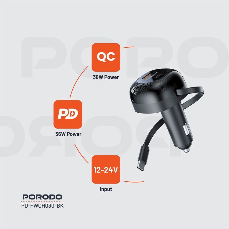 Porodo Dual Port Car Charger with 80cm Retractable Type-C Cable, Simultaneous Charging, Universal Compatibility, 47W Total Output Power - Black