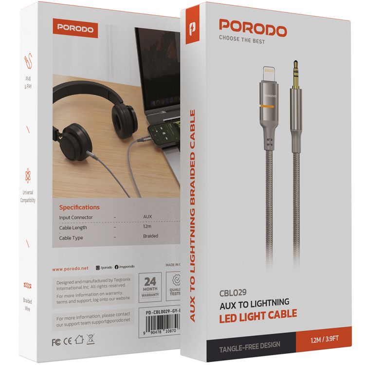 Porodo AUX to Lightning Cable with LED Light, 1.2m Cable Length, Universal Compatibility, Braided Cable Type, Tangle-Free Design - Gray
